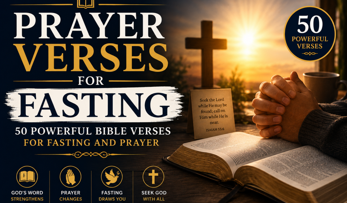 Prayer verses for fasting with an open Bible, praying hands, and cross