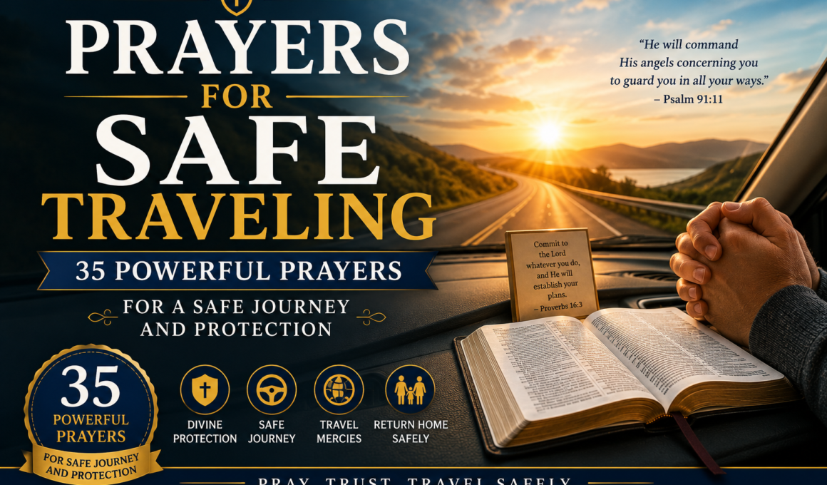 Prayers for safe traveling with an open Bible, praying hands, and a protected journey