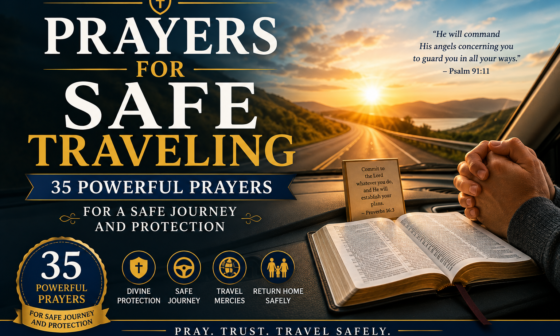 Prayers for safe traveling with an open Bible, praying hands, and a protected journey