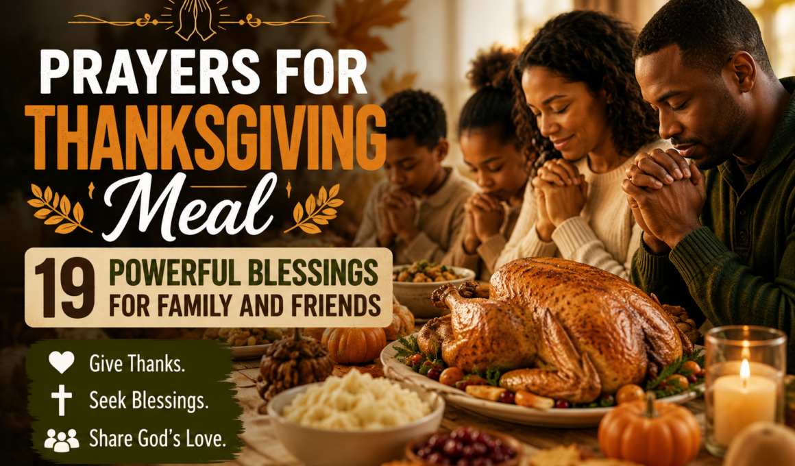 Family praying together before a Thanksgiving meal with turkey and traditional foods