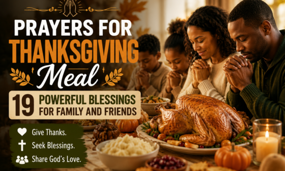 Family praying together before a Thanksgiving meal with turkey and traditional foods