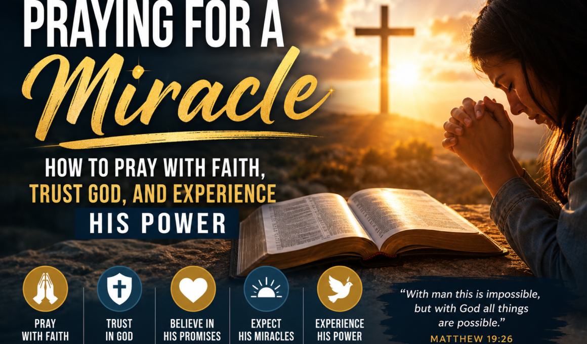 Christian woman praying beside an open Bible with a glowing cross, illustrating how to pray for a miracle with faith, trust in God, and confidence in His power.