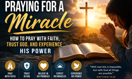 Christian woman praying beside an open Bible with a glowing cross, illustrating how to pray for a miracle with faith, trust in God, and confidence in His power.
