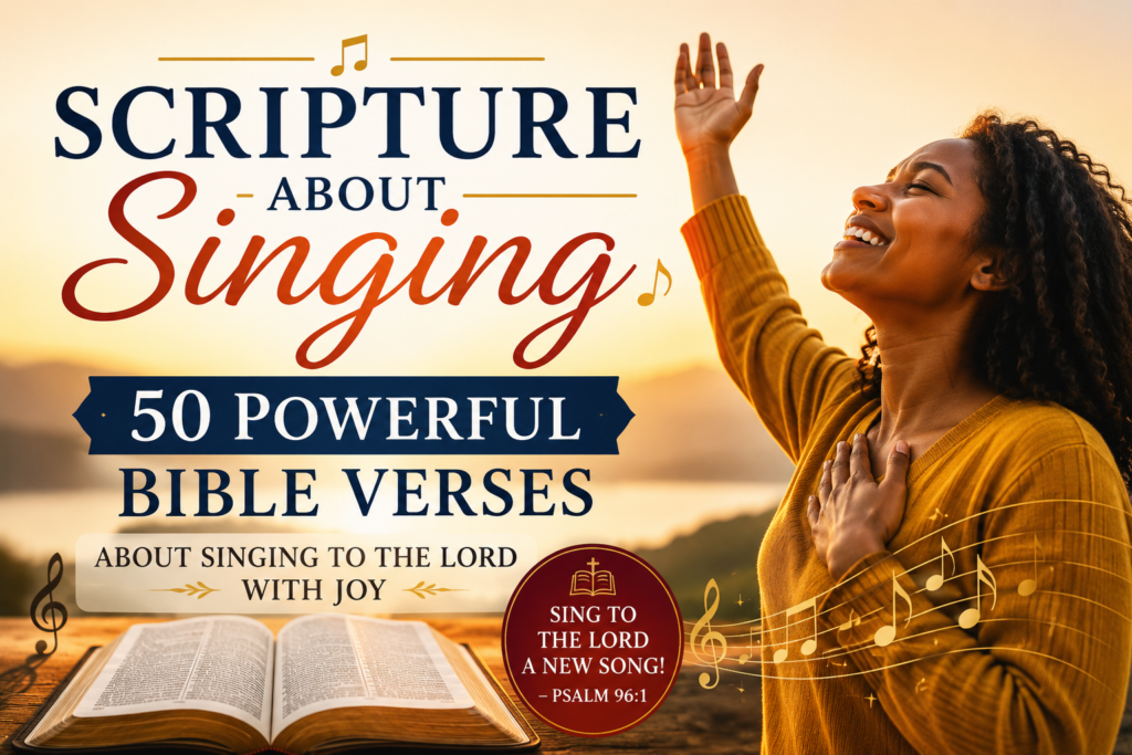 A joyful Christian worshiping with raised hands beside an open Bible, illustrating Scripture about singing and 50 powerful Bible verses about singing to the Lord with joy.