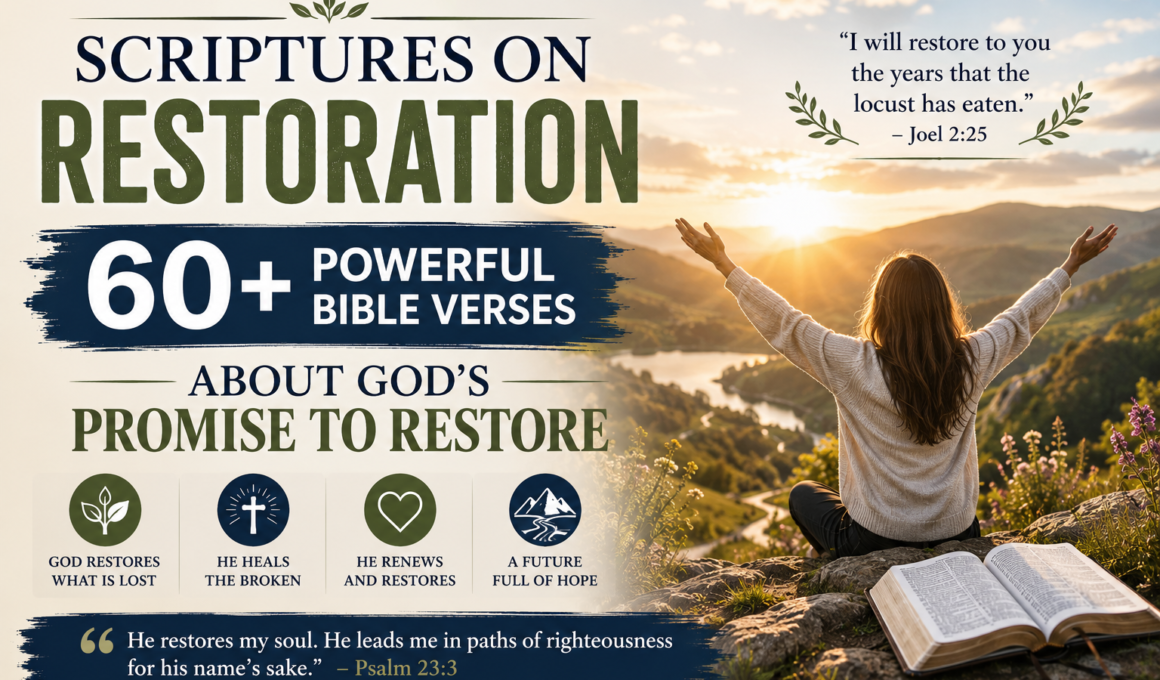 Woman worshiping at sunrise beside an open Bible, symbolizing God's restoration, healing, hope, and powerful Bible verses about renewal and His promise to restore.