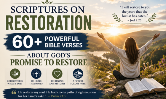 Woman worshiping at sunrise beside an open Bible, symbolizing God's restoration, healing, hope, and powerful Bible verses about renewal and His promise to restore.