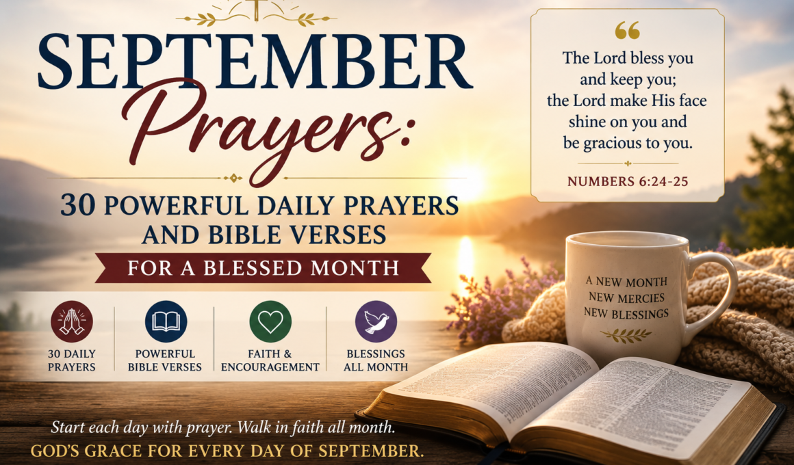 September Prayers featuring 30 daily prayers, Bible verses, faith encouragement, and blessings for a blessed month.