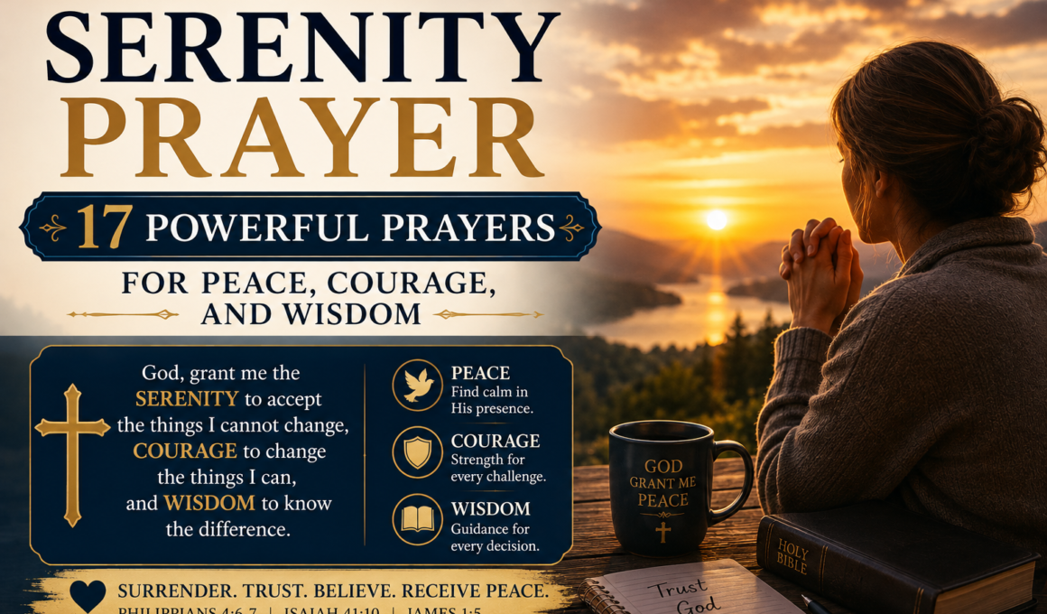 Serenity Prayer with a woman praying at sunset for peace, courage, and wisdom