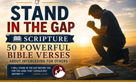 A Christian kneeling in prayer beside an open Bible at sunrise, representing standing in the gap through intercession with powerful Bible verses about praying for others.