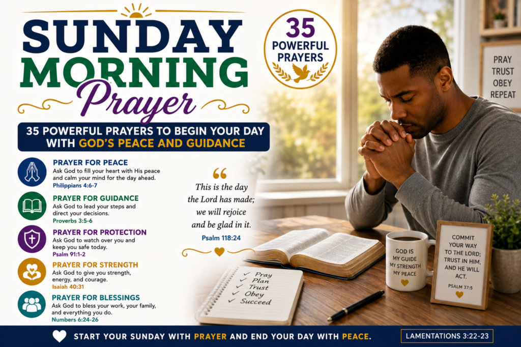Sunday morning prayer with an open Bible and a Christian praying for God's peace, guidance, strength, wisdom, and blessings to begin the day.