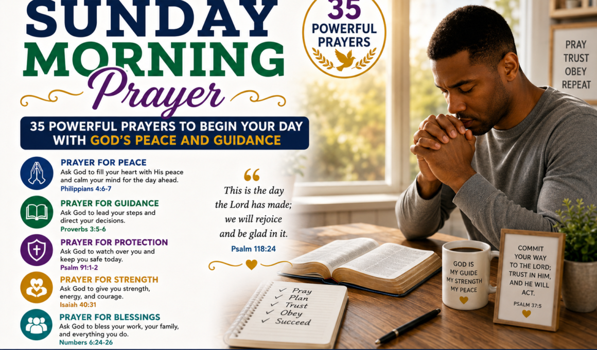 Sunday morning prayer with an open Bible and a Christian praying for God's peace, guidance, strength, wisdom, and blessings to begin the day.