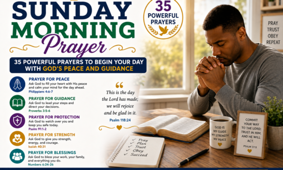 Sunday morning prayer with an open Bible and a Christian praying for God's peace, guidance, strength, wisdom, and blessings to begin the day.