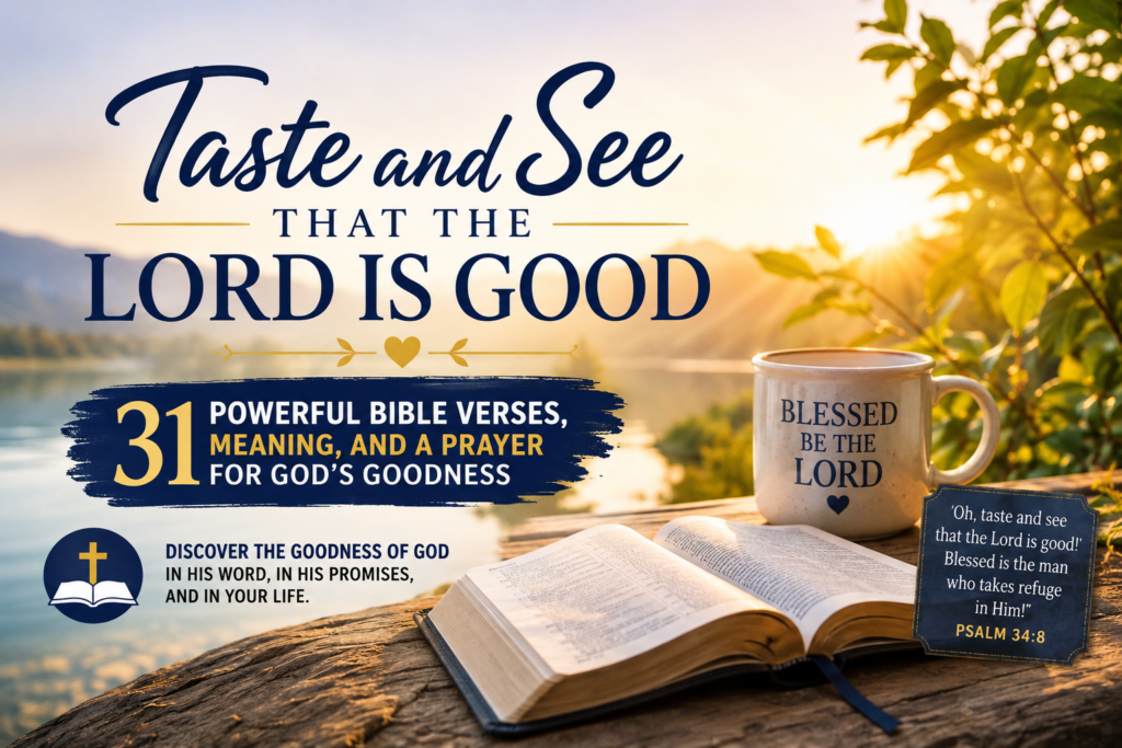 Taste and see that the Lord is good Bible verses with an open Bible beside a peaceful lake