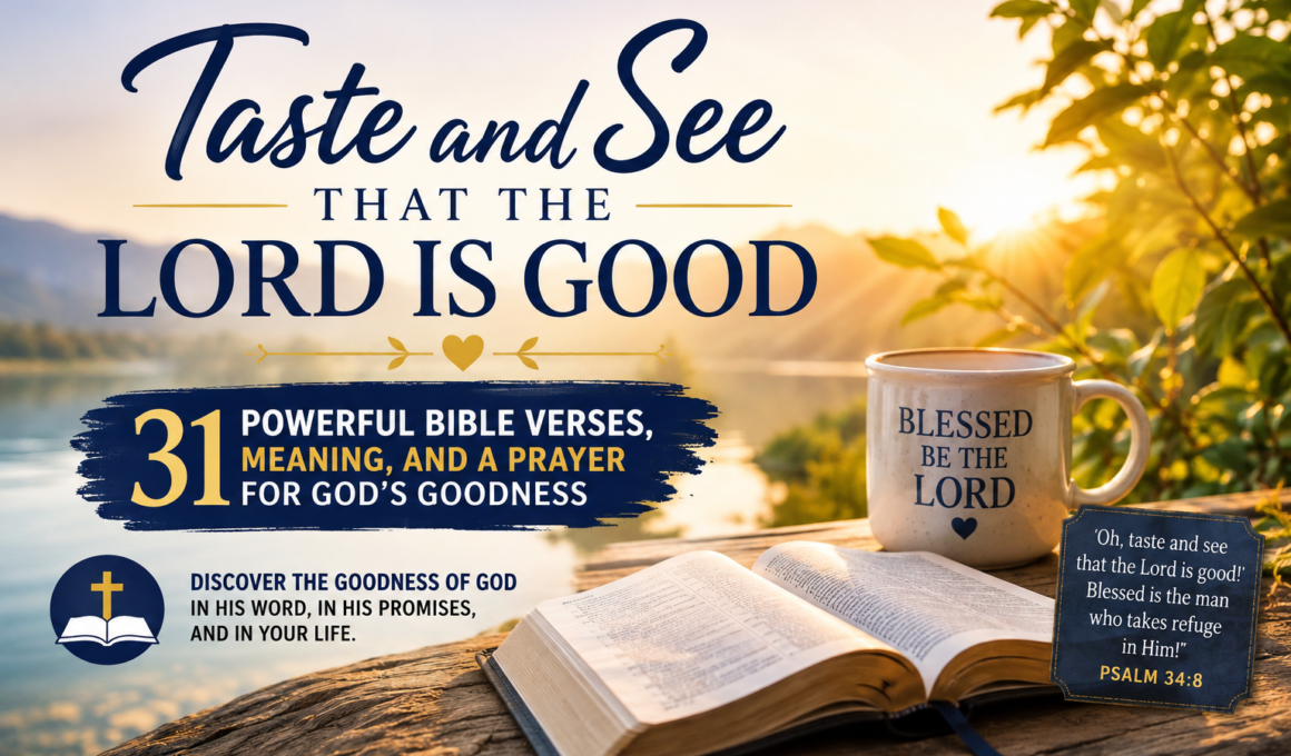 Taste and see that the Lord is good Bible verses with an open Bible beside a peaceful lake