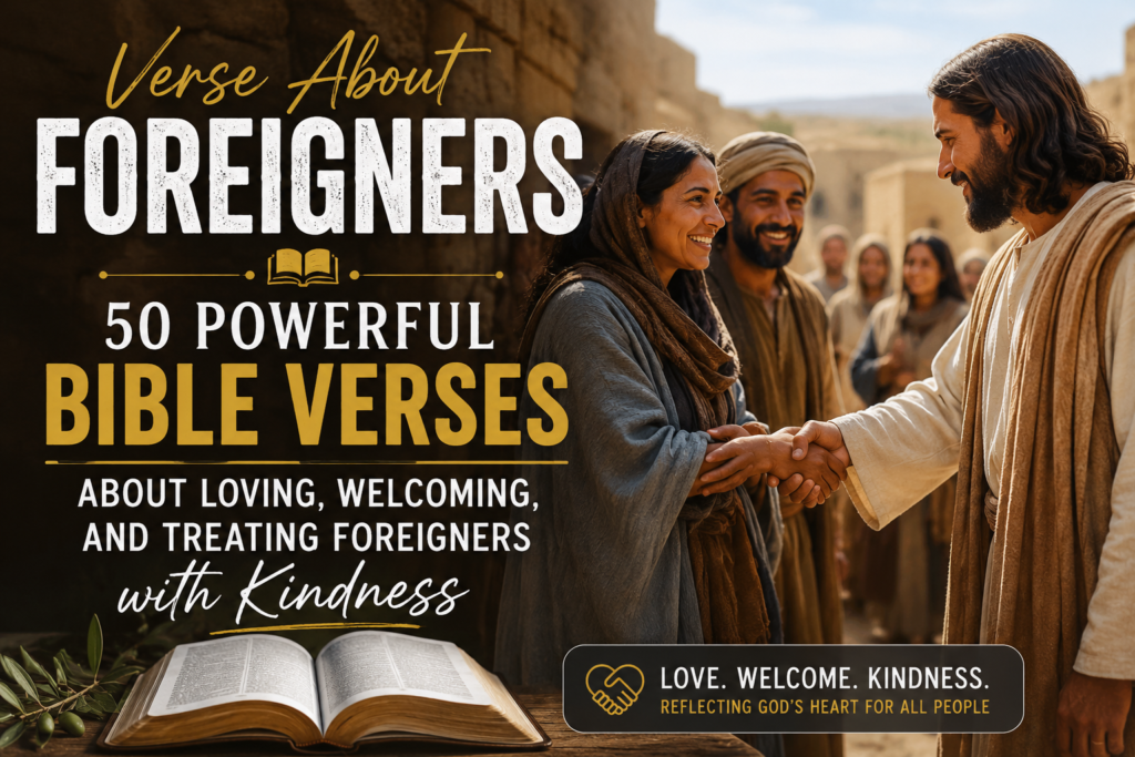 Verse about foreigners showing people warmly welcoming a stranger, representing 50 powerful Bible verses about loving, welcoming, and treating foreigners with kindness.