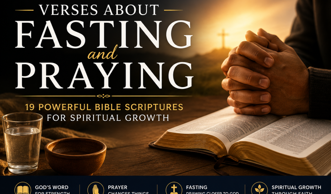 Verses about fasting and praying with an open Bible and praying hands