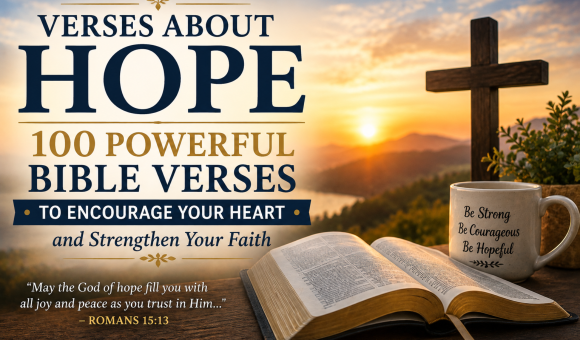 Open Holy Bible beside a wooden cross at sunrise, symbolizing hope with 100 powerful Bible verses to encourage your heart and strengthen your faith.