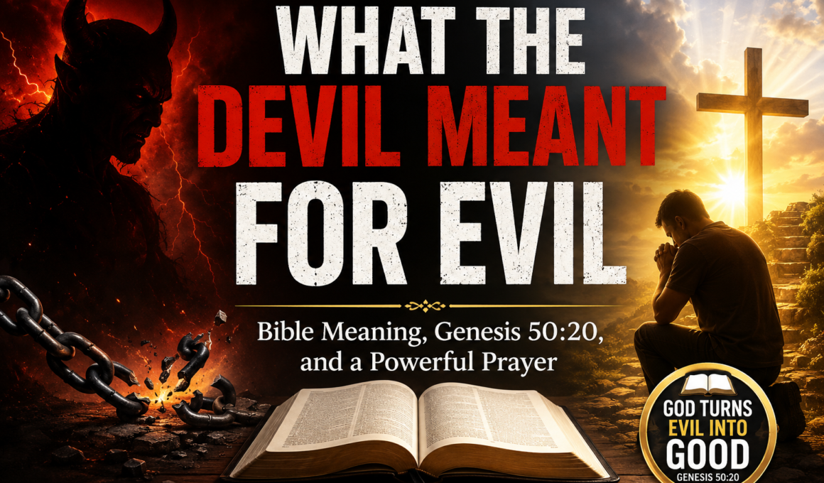 What the devil meant for evil, God can turn for good – Genesis 50:20 with a Bible, cross, and praying Christian