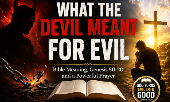What the devil meant for evil, God can turn for good – Genesis 50:20 with a Bible, cross, and praying Christian
