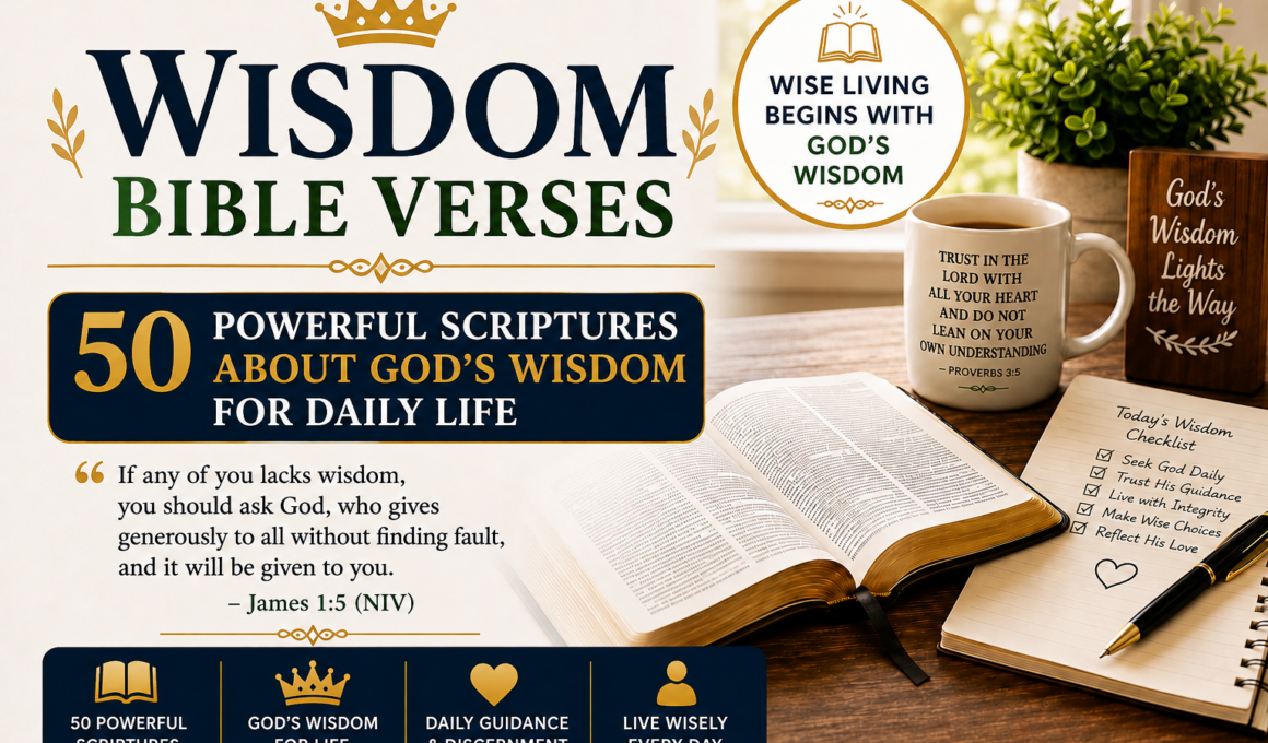 Wisdom Bible Verses featuring 50 powerful Scriptures about God's wisdom for daily life, guidance, discernment, and biblical understanding.